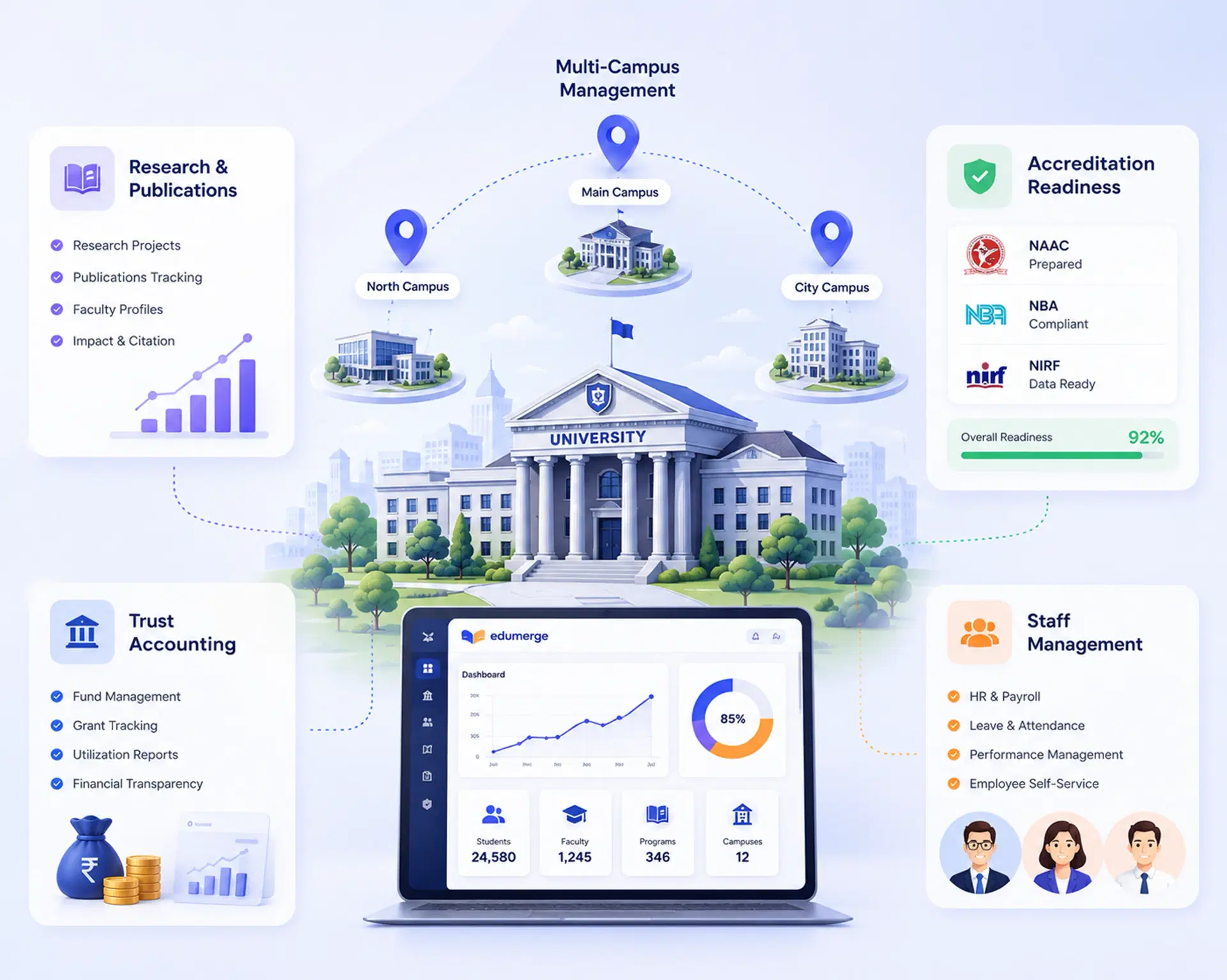 University ERP software dashboard showing multi-campus management, research tracking, and NAAC NBA NIRF accreditation readiness
