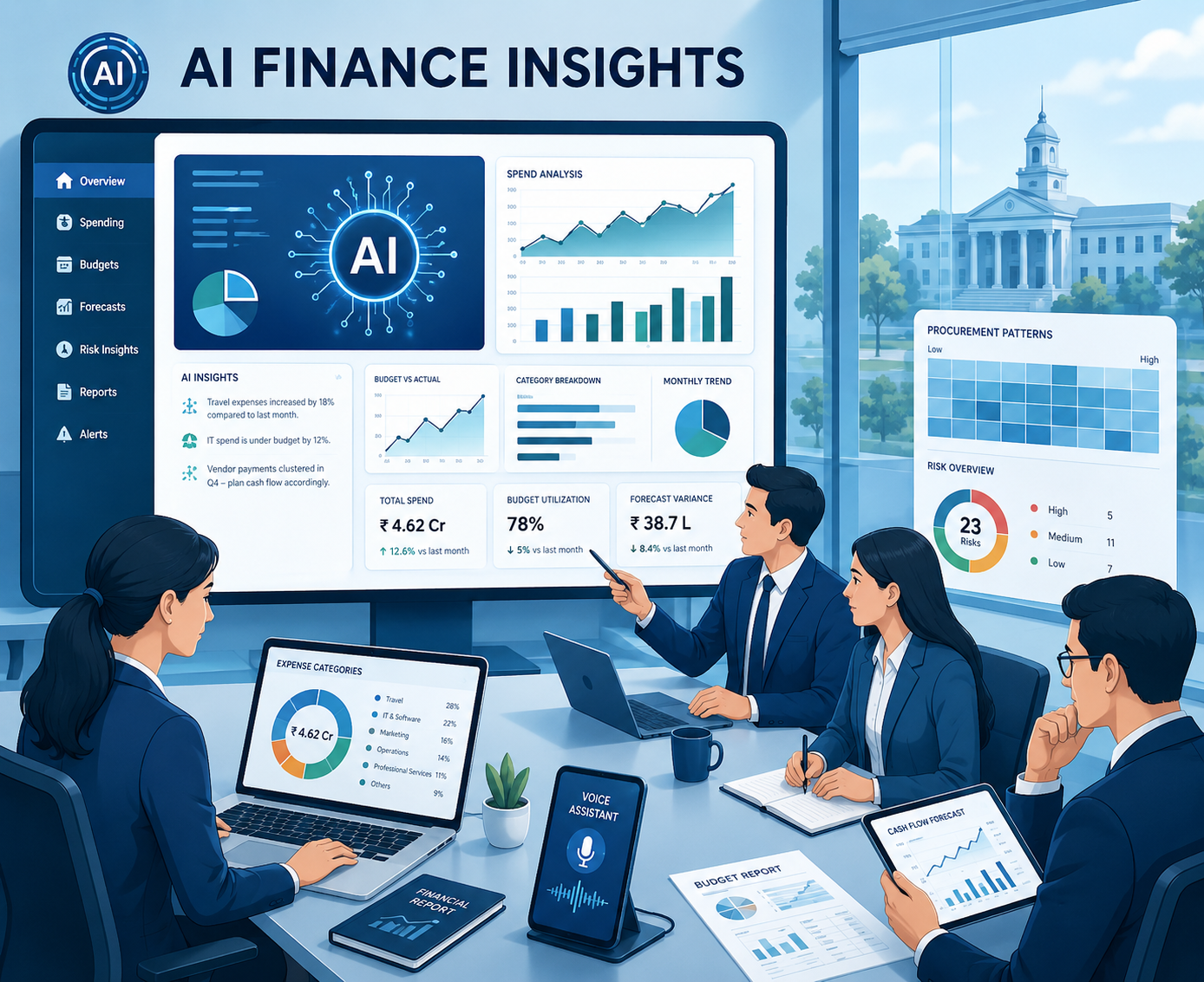 edumerge AI Finance Insights showing AI-assisted expense categorization, predictive analytics, budget risk signals, and voice assistant for financial queries