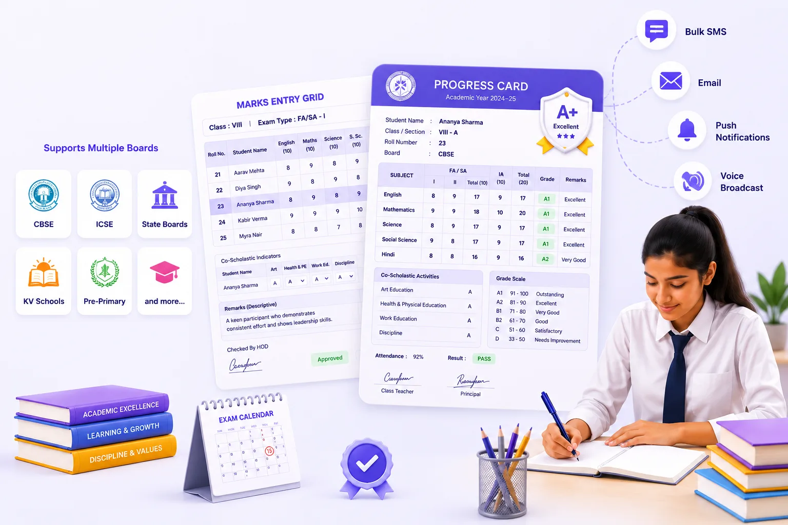 edumerge CCE & Progress Cards showing subject-wise marks entry, grade computation, and print-ready progress card generation for CBSE, ICSE, State boards, KV and Pre-Primary