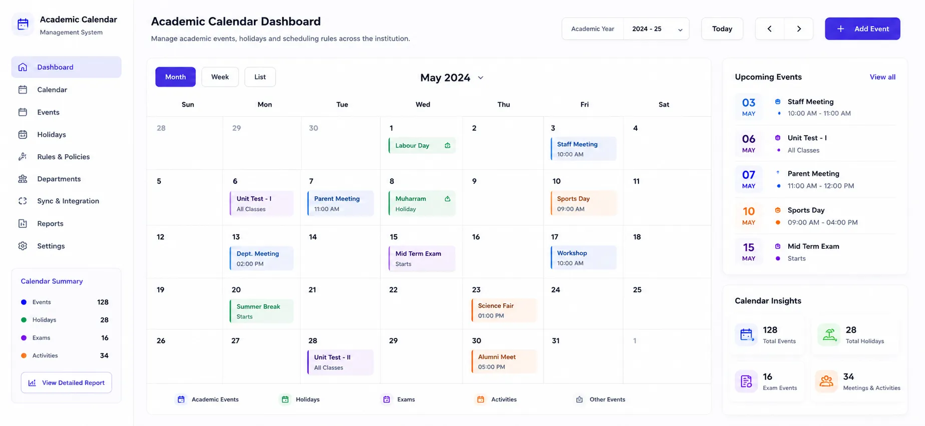 edumerge College Calendar of Events showing academic calendar, holiday management, and event planning