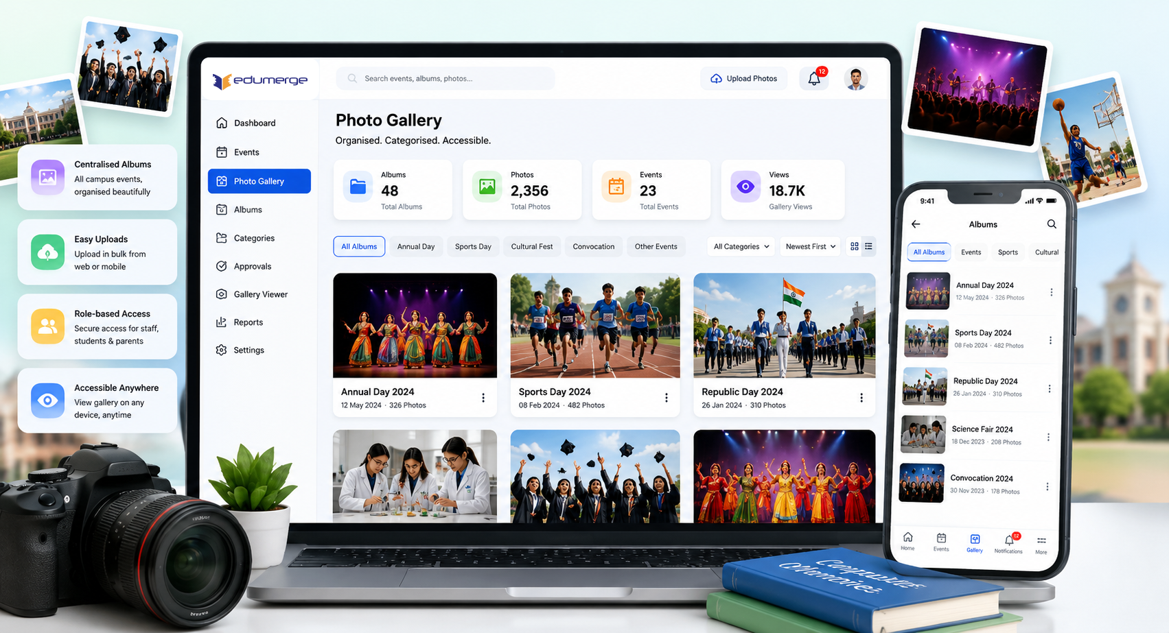 edumerge College Photo Gallery showing centralised albums for campus events, cultural programmes, and sports activities