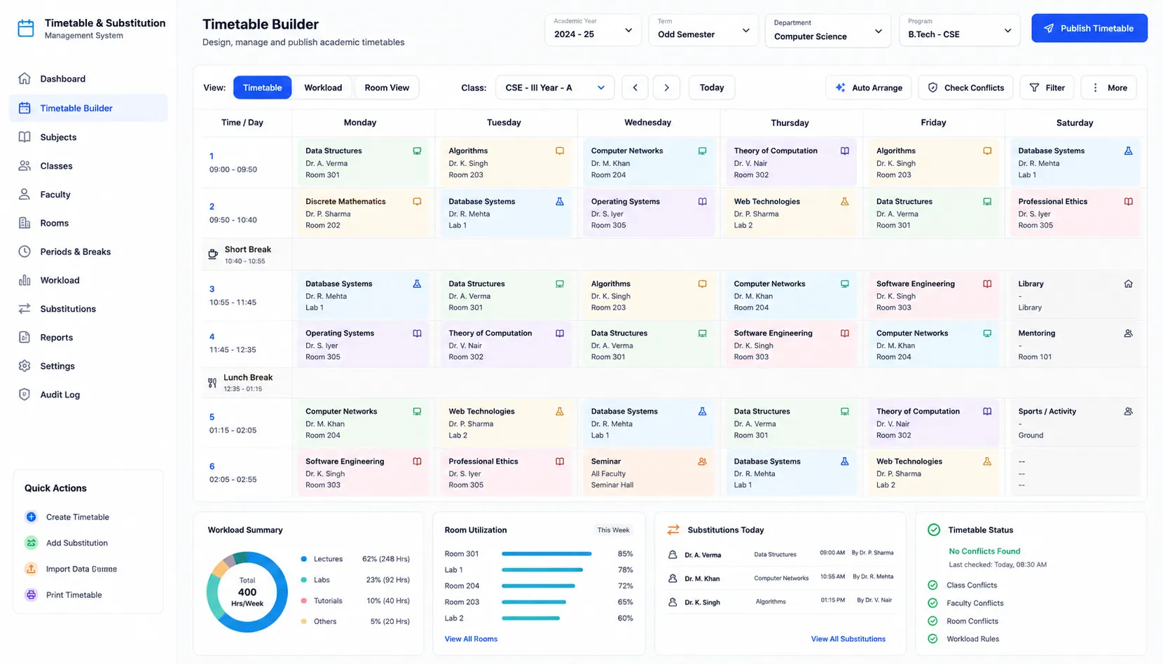 edumerge College Timetable & Substitution Management showing drag-and-drop builder, scheduling policies, workload rules, and profile-based views