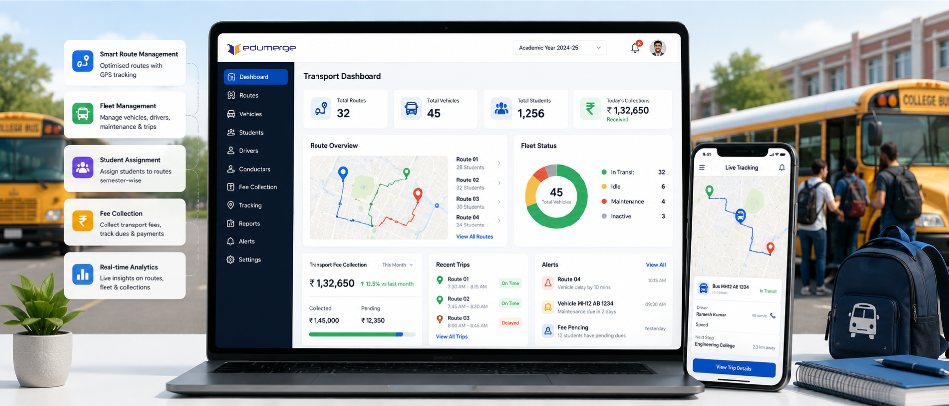 edumerge College Transport Management showing routes, fleet management, student assignment, and analytics
