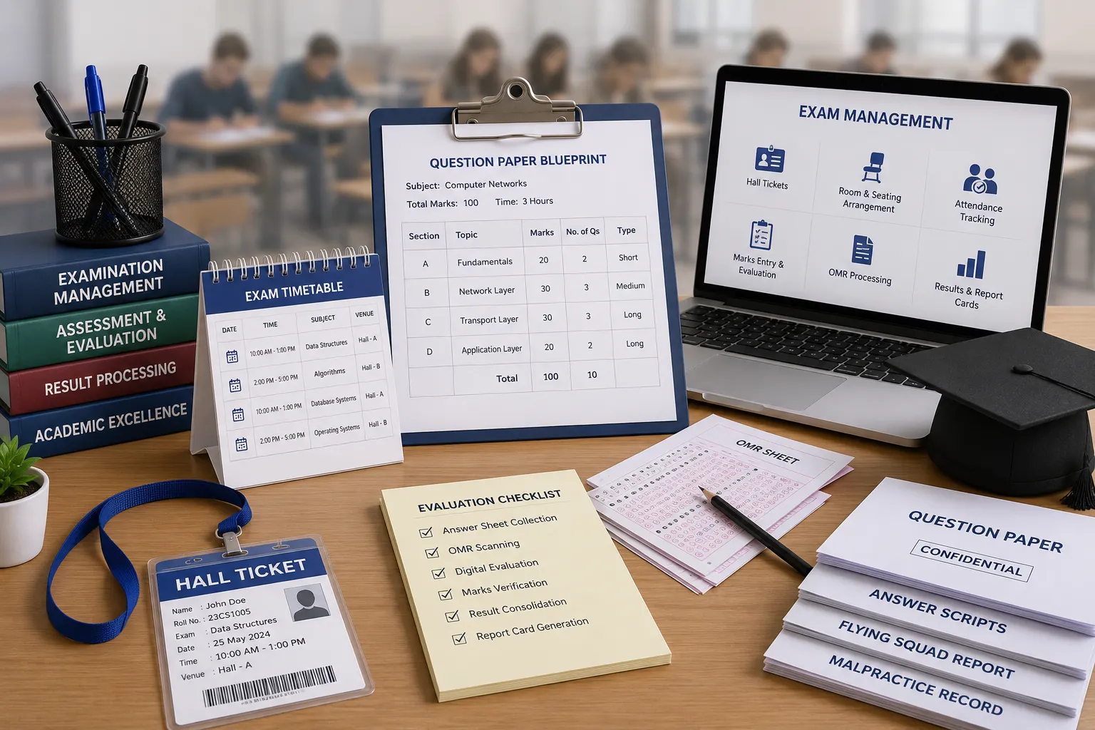 edumerge Examination Management showing exam configuration, OTP-verified blueprint approval, hall ticket generation, room & seating allocation, and results & revaluation