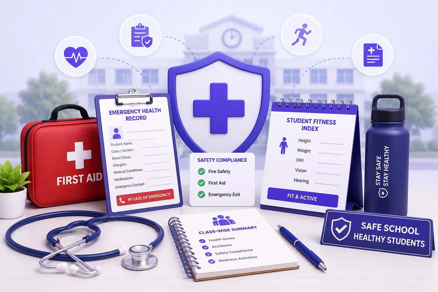 edumerge Health & Safety Management showing emergency health issue tracking, lab accident documentation, and student fitness index measurement