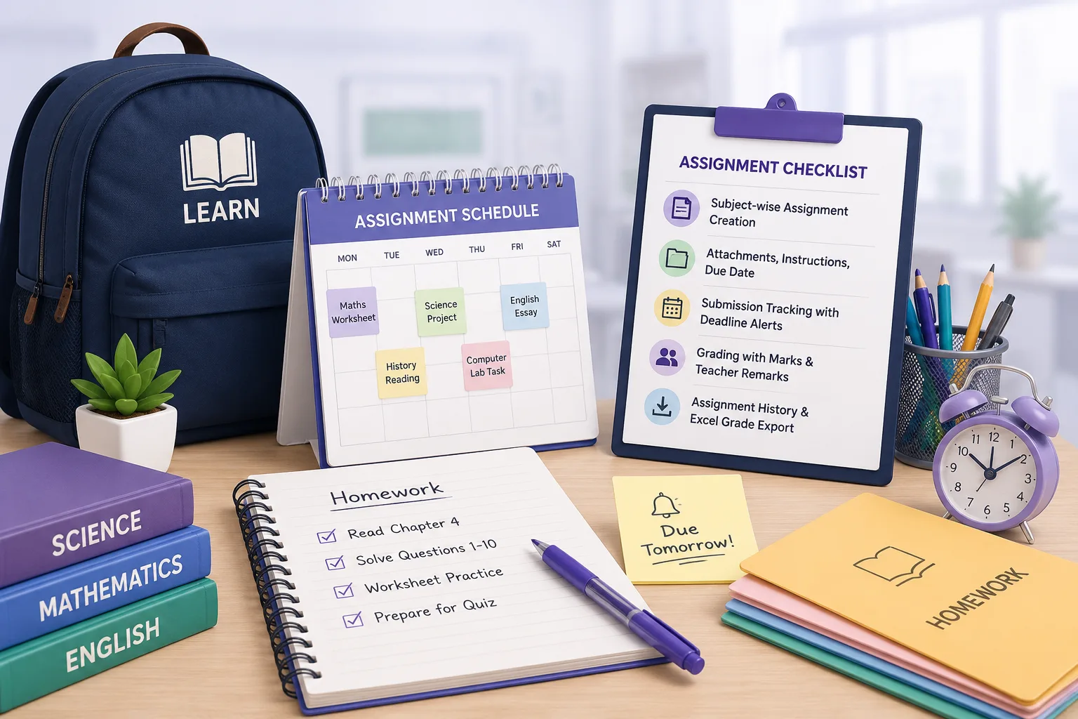 edumerge Assignment Management showing subject-wise assignment creation, per-student submission status, deadline alerts, and grading
