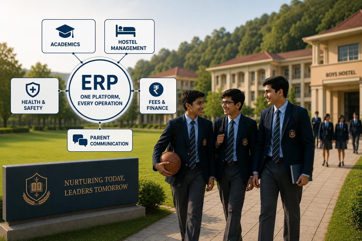 edumerge ERP for residential and boarding schools showing hostel, health, safety, fees and academics on one platform