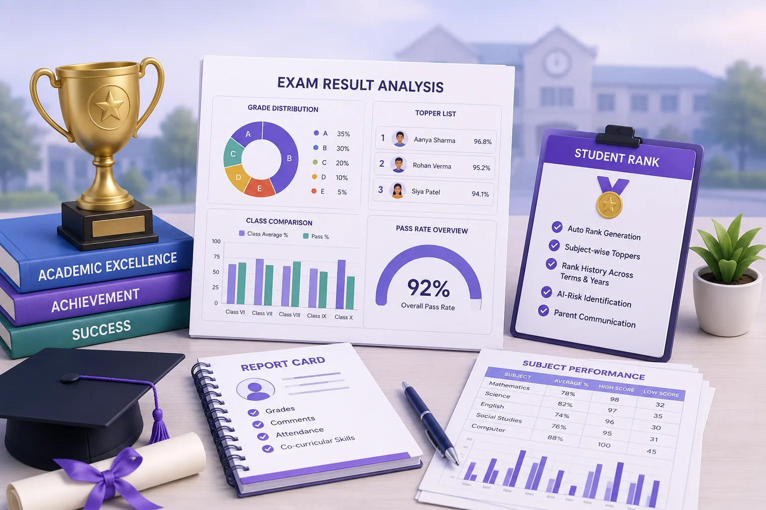 edumerge Result Management & Analysis showing school-level KPI dashboard, auto-generated ranks, at-risk student identification, and bulk report card generation