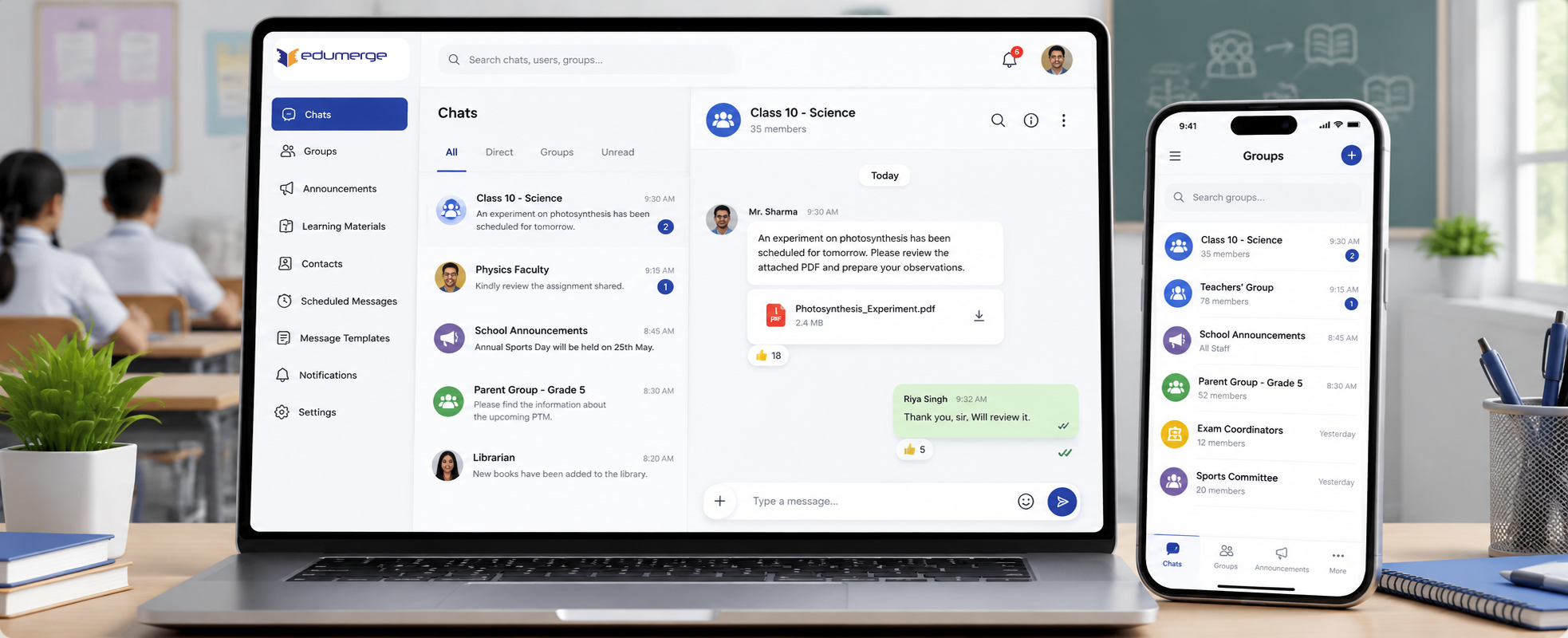 edumerge chat & content sharing for seamless communication in schools