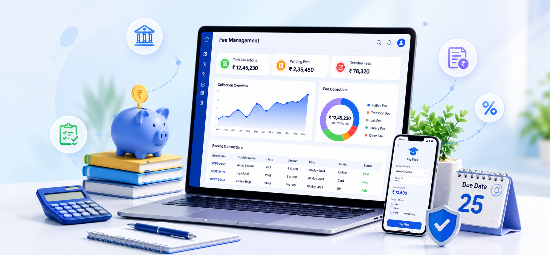 edumerge School Fee Management showing fee structure, collection, and analytics