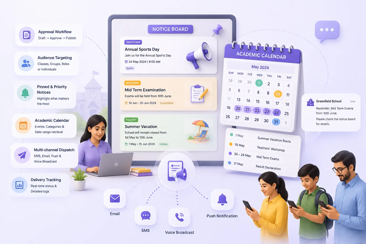 edumerge Notices & Announcements showing notice board approval workflow, academic calendar, bulk SMS, email, push notifications, and voice broadcast delivery tracking
