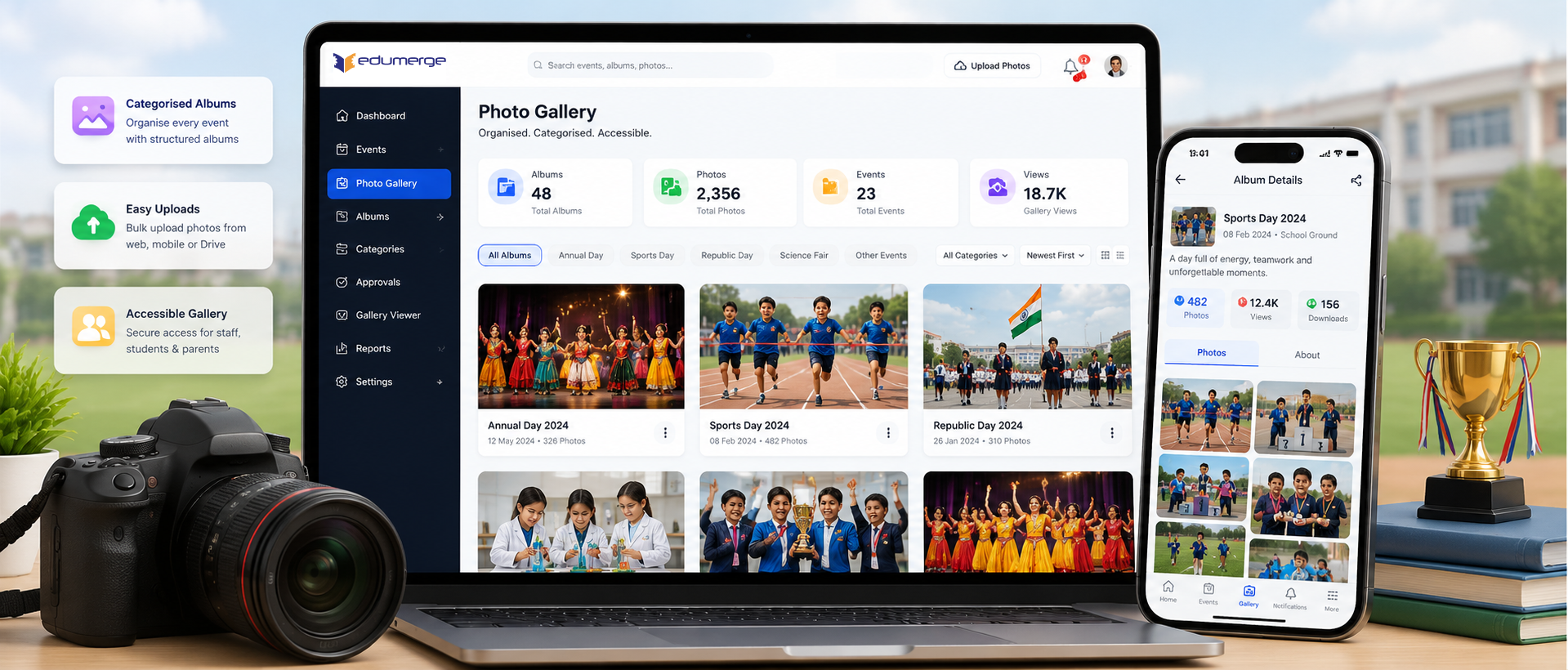 edumerge School Photo Gallery showing categorised albums, event photo uploads, and gallery viewer