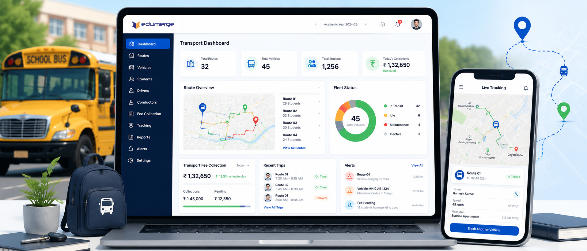 edumerge School Transport Management showing routes, fleet, student assignment, and fee collection