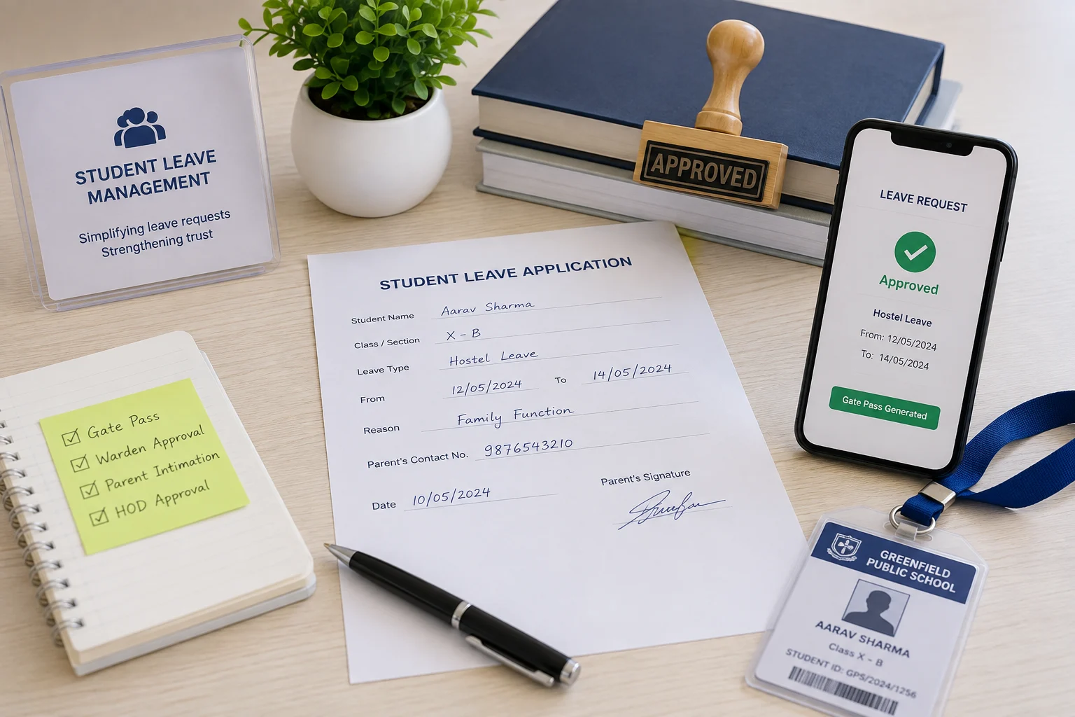 edumerge Student Leave Management showing self-service portal, multi-level approval chain, warden hostel tracking, and gate pass verification